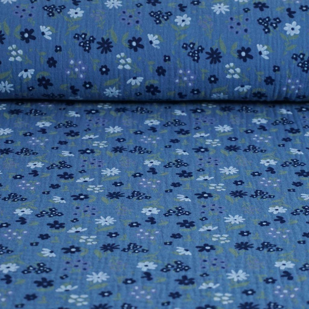 Double Gauze Musselin blaue weiße Blümchen auf jeansblau